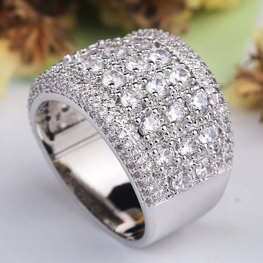 *NEW Silver Round Diamond Pave Wide Band Ring